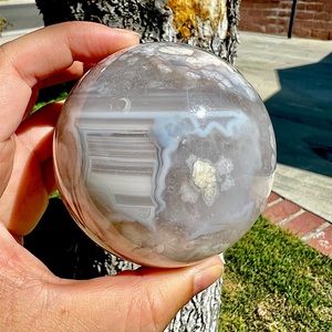 Super Quartzy Blue Flower Agate Sphere With Big Bouquet of Flower